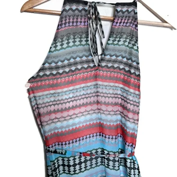 Donna Morgan Womens Boho Geometric Maxi Dress Sleeveless Halter Neck Tie  Waist - threedaughtersproperties.com